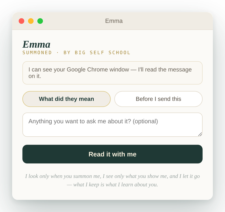 Emma's summon window on a Mac, reading the message on screen